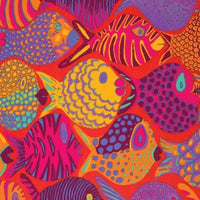Colorful abstract pattern with fish shapes on a orange background
