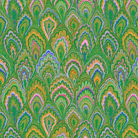 Colorful patterned fabric with green, orange, and purple design