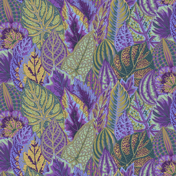 Colorful leaf pattern fabric of blues and purples