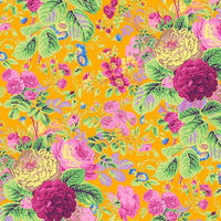 Colorful pink floral pattern on a yellow background