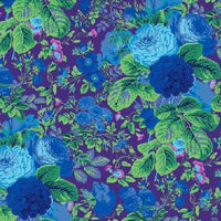 Floral pattern with blue and green flowers on a purple background