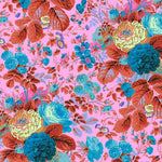 Colorful floral pattern of teal and red on a pink background