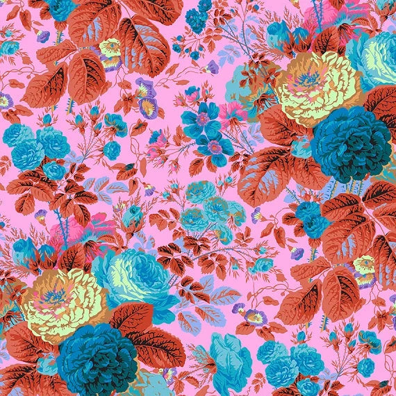 Colorful floral pattern of teal and red on a pink background