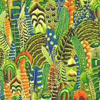 Colorful pattern of feathers with a mix of green, blue, orange, and black.