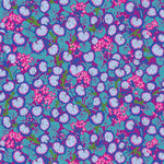 Colorful floral pattern with pink, blue, and purple flowers on a matching background