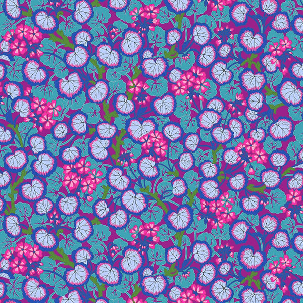Colorful floral pattern with pink, blue, and purple flowers on a matching background