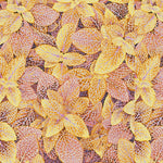 Patterned fabric with yellow and brown leaves with purple veins.
