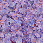 Patterned fabric with purple and blue leaves with red veins.