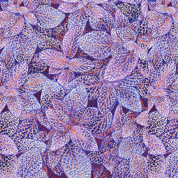 Patterned fabric with purple and blue leaves with red veins.