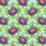 A repeating seamless pattern featuring stylized protea flowers in purple, pink, and orange with green leaves and coral-like red accents on a light mint green background.