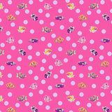 A repeating pattern featuring colorful tropical fish, including clownfish and angelfish, scattered across a bright pink background with large white polka dots.