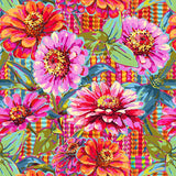 Colorful floral pattern with pink, orange, and green flowers on a fabric background.