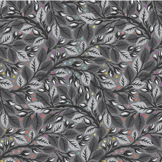  Graywork by Tula Pink features grey branches and leaves with multi coloured hearts and stars.
