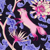 Fabric with pink fox and floral design on a black background, featuring Ruby Star Society label.
