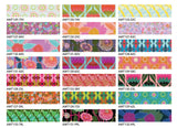 Collection of colorful fabric swatches with various patterns.