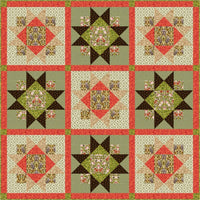 Quilt with geometric pattern featuring red, green, and brown colors on a beige background.