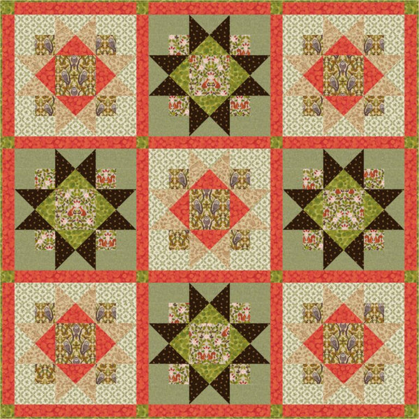 Quilt with geometric pattern featuring red, green, and brown colors on a beige background.