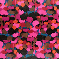 Gorgeous viscose satin print of abstract shapes in shades of pink, orange, black on a teal 
 background from Fabric Godmother and available at Fabric Focus.