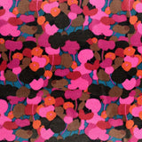 Gorgeous viscose satin print of abstract shapes in shades of pink, orange, black on a teal 
 background from Fabric Godmother and available at Fabric Focus.