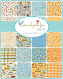 Collection of fabric swatches with various patterns and a 'Moda' logo in the center.