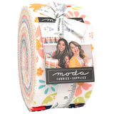 Delightfully Yours jelly roll with colorful pattern and 'Moda Fabrics' label on a white background