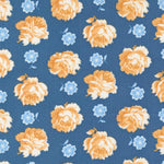 Denim & Daisies orange floral on denim blue background from Fig Tree Co for Moda. Sold in quarter metre increments.