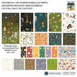 Collection of fabric patterns with Enchanted Woods design by Terri Degenkolb, featuring trees, animals, and nature-themed designs.