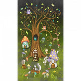 Colorful illustration of a tree with animal houses and characters in a forest setting.