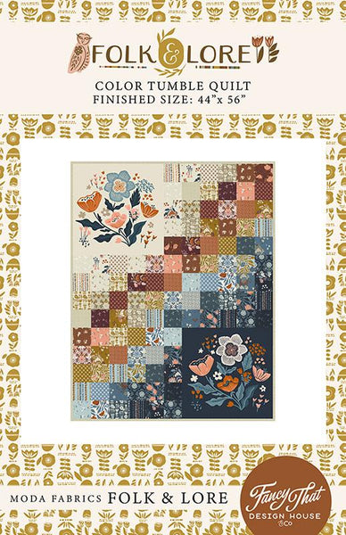 An autumnal panel quilt kit of floral motifs with added layer cake in the co-ordinating range cut up and added to create a 'tumble' waterfall of colour and design. Available at Fabric Focus Edinburgh.