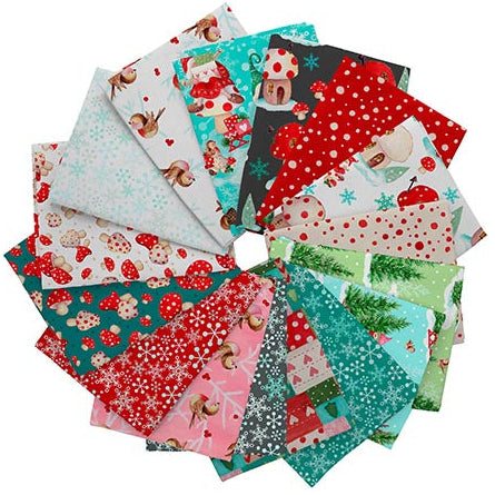 Collection of Christmas-themed fabric squares with various patterns on a white background