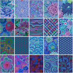 Fat Quarter Bundles. Each fat quarter measures approx 50cm x 56cm.
This collection from Kaffe Fassett is a selection of blues in florals and geometrics.