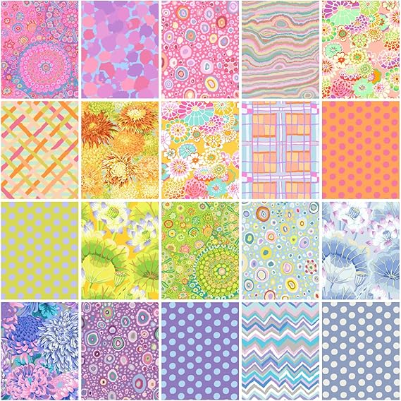Fat Quarter Bundles. Each fat quarter measures approx 50cm x 56cm.
This collection from Kaffe Fassett is a selection of pastel colours in floral and geometrics.
