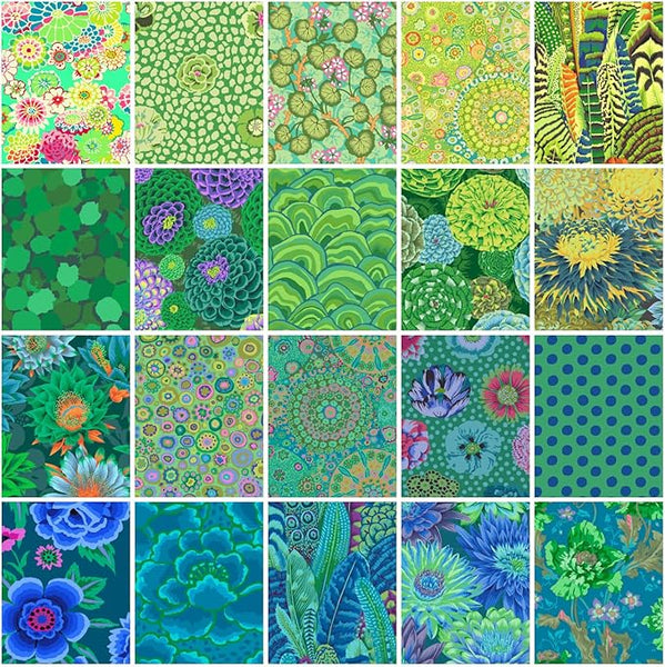 Fat Quarter Bundles. Each fat quarter measures approx 50cm x 56cm.
This collection from Kaffe Fassett is a selection of green/blue in florals and geometrics.