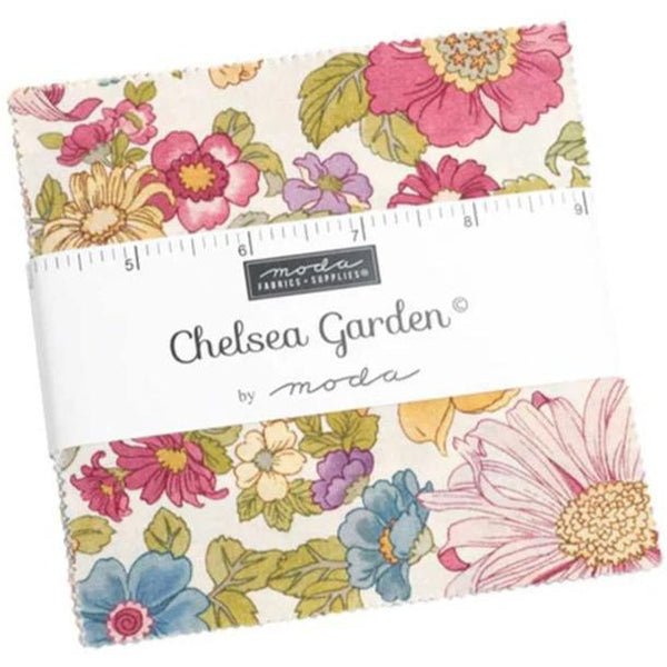 Fabric bundle of 42 5-inch squares of the collection Chelsea Garden by Moda. Available to buy in store and online at Fabric Focus Edinburgh.