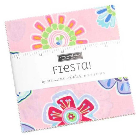 Fabric bundle of 42 5-inch squares of the collection Fiesta by Me & My Sister for Moda. Available to buy in store and online at Fabric Focus Edinburgh.