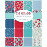 Collection of fabric swatches with floral and geometric patterns, featuring the brand 'Moda'.