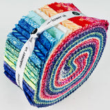Stack of colorful fabric strips with a 'Makower UK' label on a white background