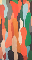 Gorgeous viscose twill of green, coral, black 'pebble' shapes on a cream background and available at Fabric Focus Edinburgh