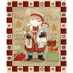 Illustration of Santa Claus with toys and presents on a decorative background