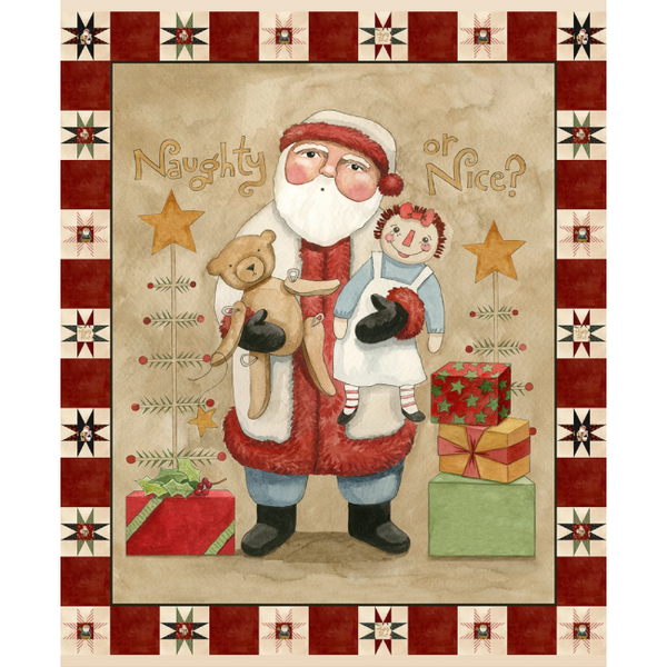 Illustration of Santa Claus with toys and presents on a decorative background