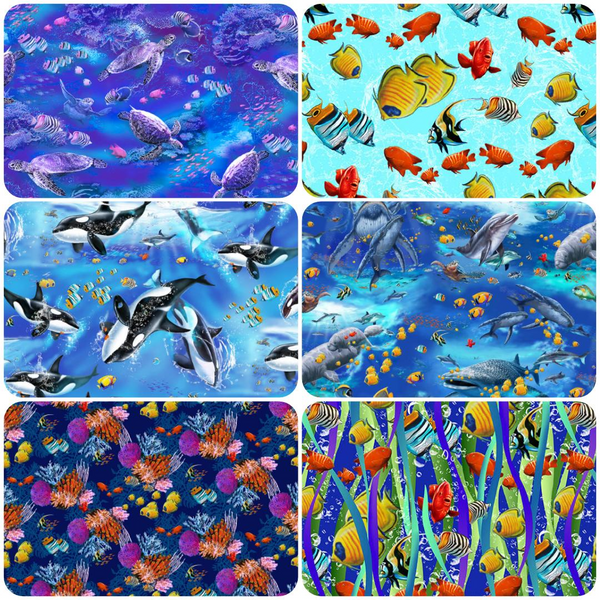 Fat Quarter Bundles.  Beautifully co-ordinated fabrics for all of your sewing projects. Each fat quarter measures approx 50cm x 56cm. Great for cushions, bags, quilts, patchwork, dolls clothes, bunting, crafts and SEW much more! This collection features Reef Life with sealife and fish with 6 designs.