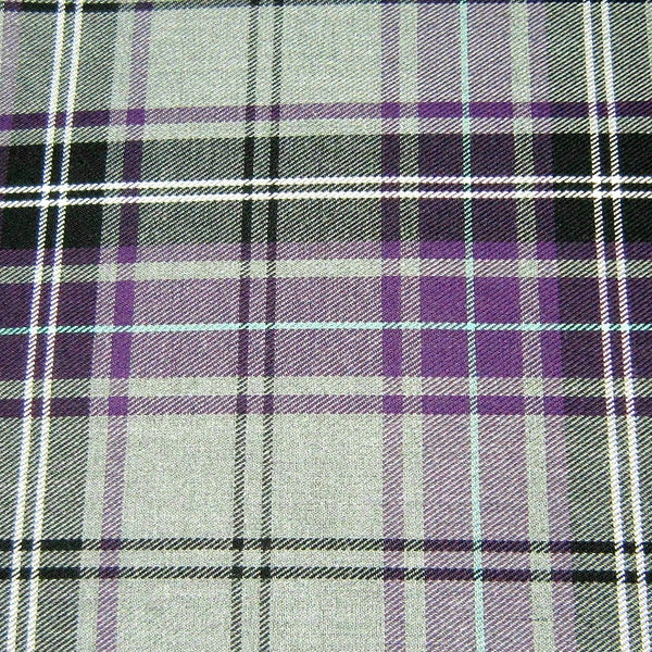 poly viscose tartan. purple grey plaid. Fabric Focus