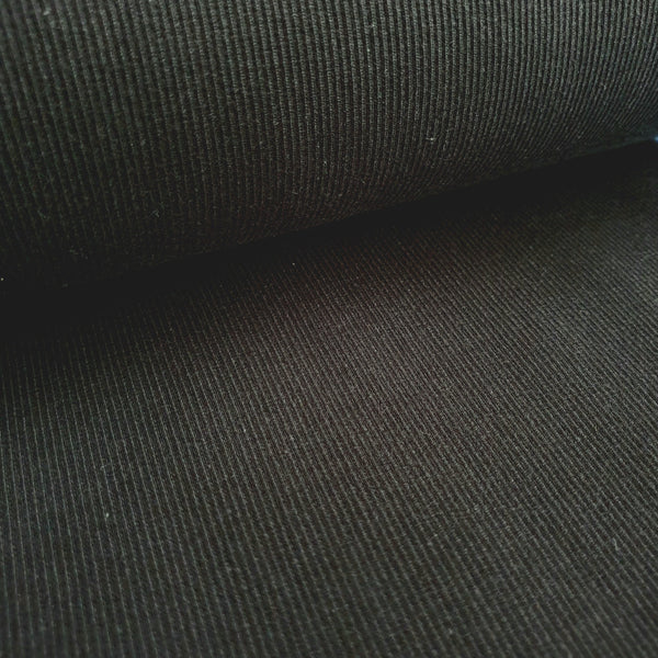 cotton elastane. tubular rib cuffing. black. Fabric Focus