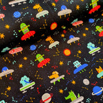 cotton jersey. space ships. aliens. animals. fabric focus