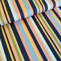 polyester jersey. bold stripes. navy pink. Fabric Focus