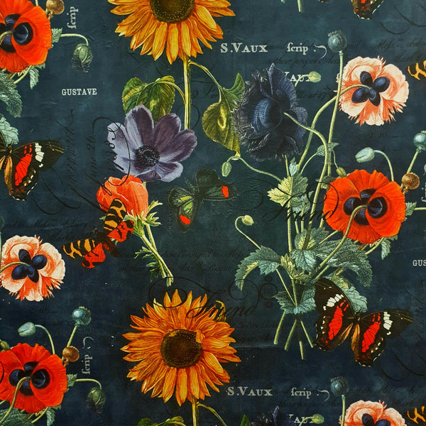 polyester digital print velvet. sunflowers and poppies. ink. Fabric Focus. cushions. curtains. dressmaking.