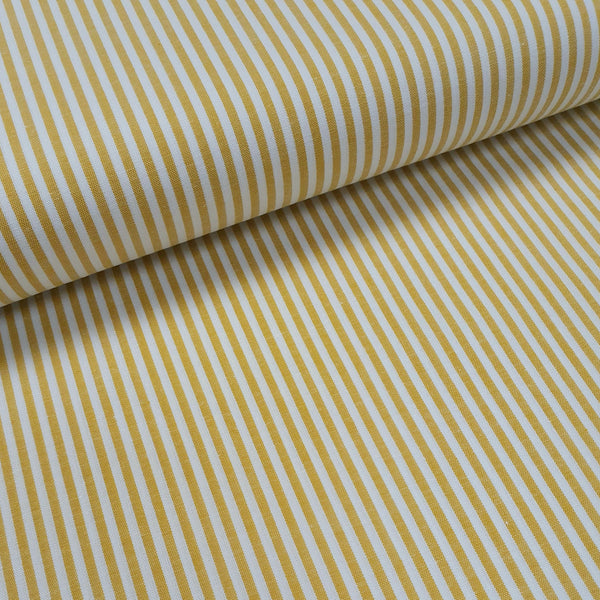 yarn dyed cotton chambray. ochre stripe. Fabric Focus