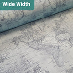 Extra wide width 100% cotton showing blue tone on tone world map from Michael Miller. 