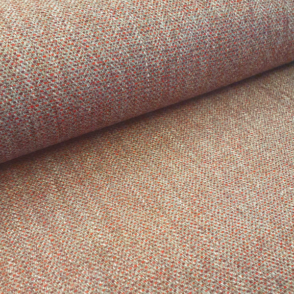 100% Pure New Wool of grey with red weave. Available to buy in store and online at Fabric Focus Edinburgh.