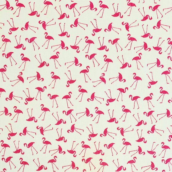 Scattered flamingos on a white background.  Perfect smooth weight of 100% cotton for dressmaking or craft projects. Available to buy in half metre increments at Fabric Focus Edinburgh.